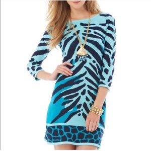 Lilly Pulitzer | Polly Shift Sweater Dress Wild Animal Stripe Jacquard Blue XS